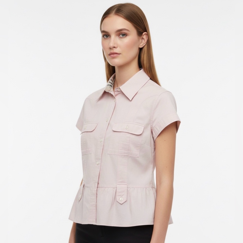 Burberry Iconic Short sleeve button front peplum hem top